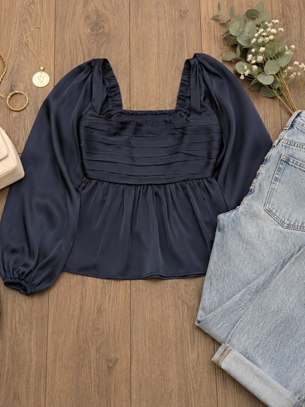 Abercrombie & Fitch Navy Satin Square-Neck Long Sleeve Blouse